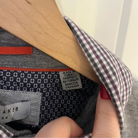 Ted Baker Men’s Grey polo with plaid Collar detail Size 4 or Large - Picture 9 of 13